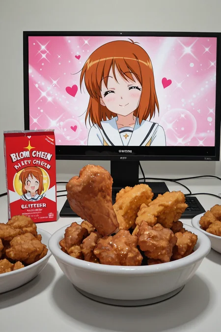 detailed background, shiny skin, posing,
heart, bloom, glitter, sparkle,
<lora:dinnerwaifu.il:1>,
dinnerwaifu, 
fried chicken.