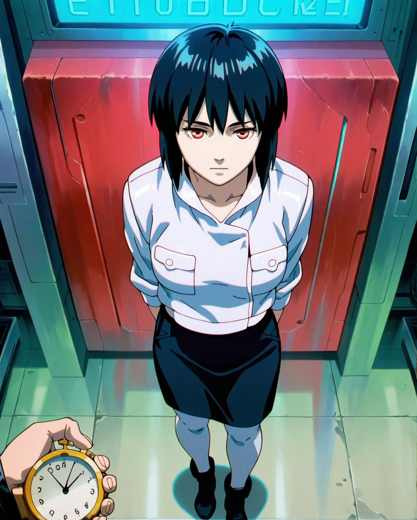 <lora:add-detail-xl:0.5>,,masterpiece,best quality,anime coloring,anime screenshot,
<lora:Female_Android:1>Female_AndroidV1,
1girl, 1boy, expressionless, standing, 
pov hand holding ,full body, arms behind back,  
The android’s movement has stopped,
instantly freezing the female android in place,
Female Android, expressionless,front view,
Female Humanoid Robot,stop watch, 
Motion-stopping controller,
m0t0k0,  short hair, black hair,
ghost in the shell, official art, 
kusanagi motoko, 
<lora:MotokoIllus10:0.7>
20YO, milf,