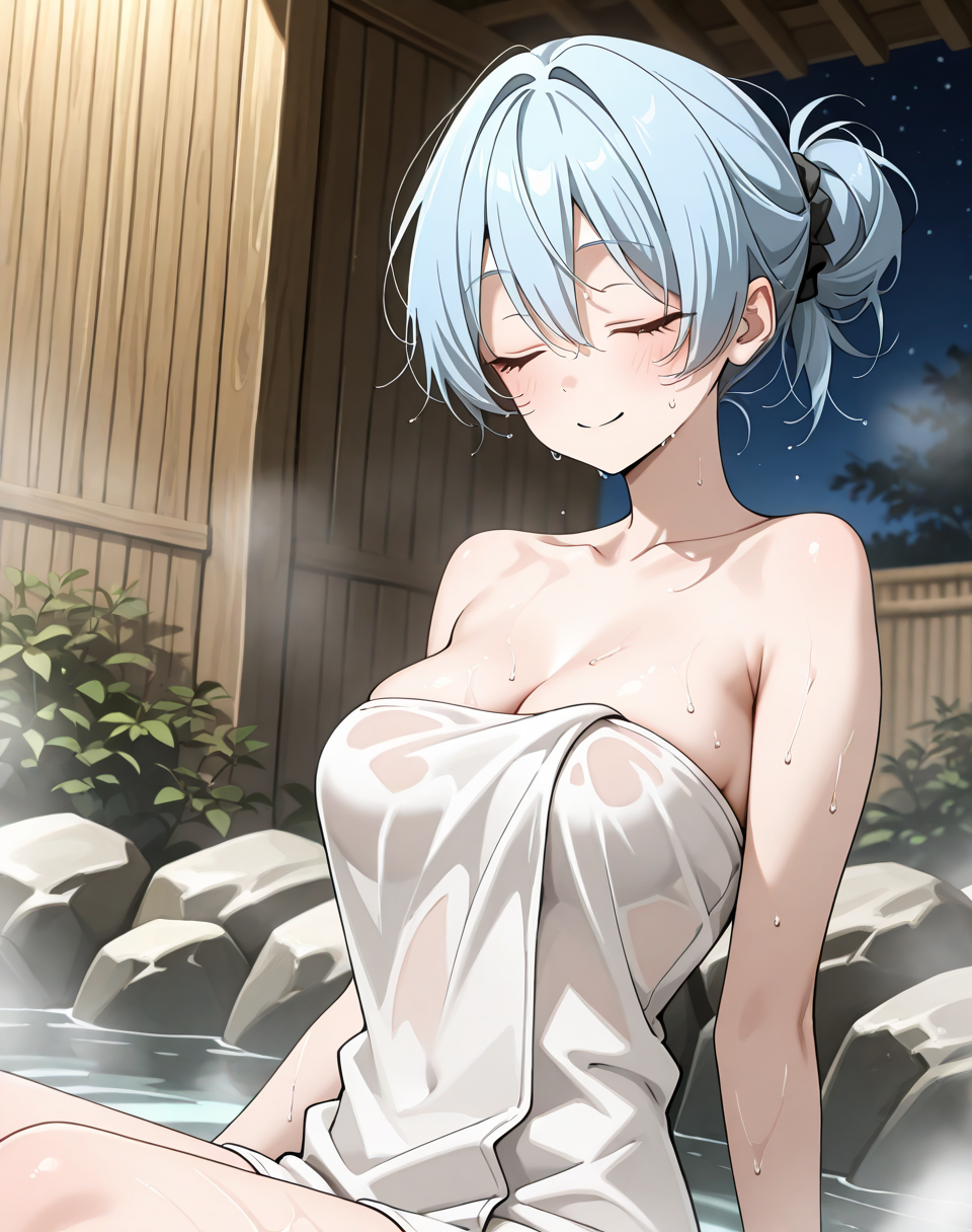 aiselle_molf, closed eyes, light blue hair, tied hair,  1girl, single hair bun, tied hair, medium breasts, towel, cleavage, naked towel, bare shoulders BREAK outdoors, hot spring, steam BREAK dutch angle, smile, wet hair, wet clothes, half body inside the water, sit  BREAK masterpiece, best quality), amazing quality, absurdres, highres, newest, HDR, 8K, solo, <lora:Aiselle_Molf:0.8>