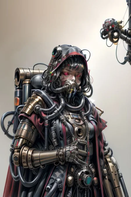 ((masterpiece,best quality)), absurdres, BREAK
mechanical arms, robes, hood, BREAK
((techpriest)), cyborg, mechanical face, mechanical limbs, gas mask, mechanical tentacles, (mechanical backpack), red cloak, BREAK
1other, solo, holding gun, weapon, gun, firearm, BREAK
(egypt),