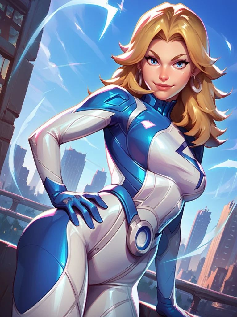 score_9, score_8_up, score_7_up, 1girl, dynamic pose, cowboy shot, looking at viewer, sexy pose, sexually suggestive, smile, dutch angle, city, detailed landscape,, hand on hips, one hand up, energy around,
<lora:ASueStorm_character:0.8>, SueStormXL, blonde hair, blue eyes, earrings, bodysuit, gloves, <lora:KajinmanLycoXL:0.7>,