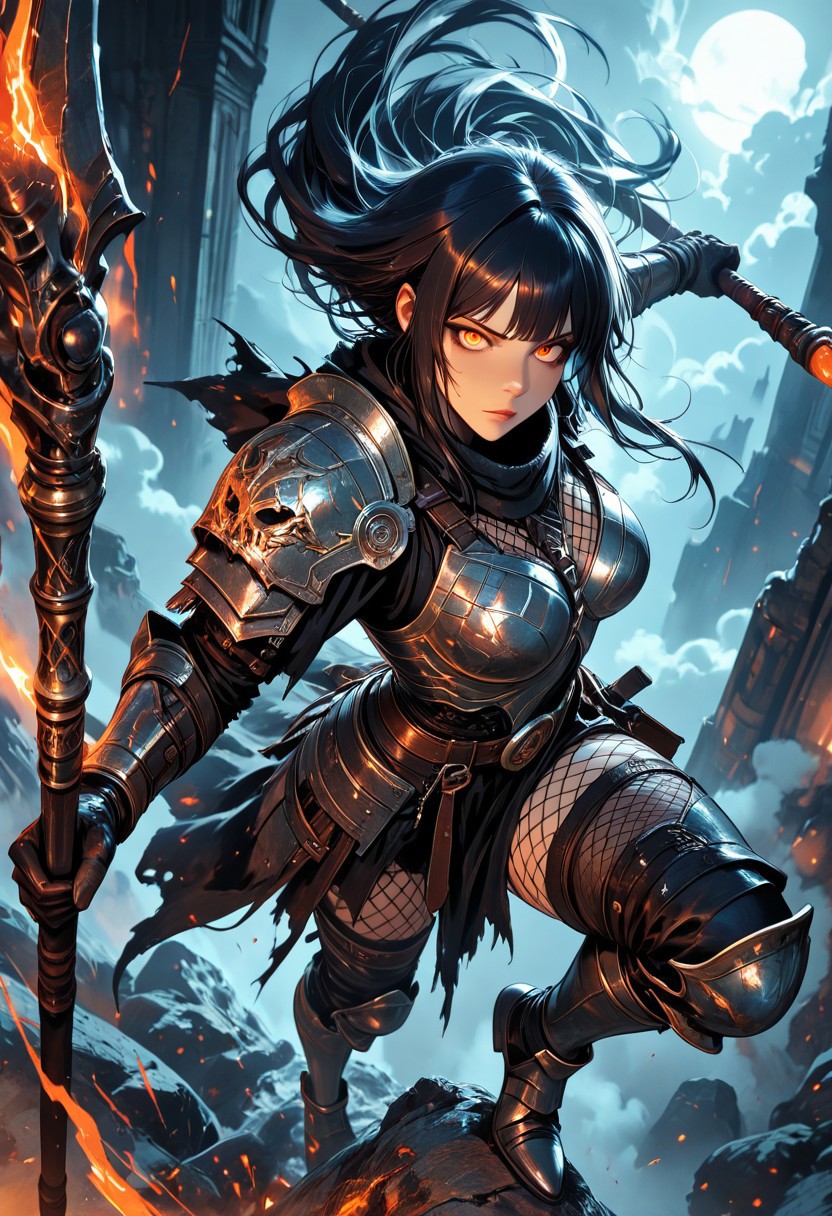 (masterpiece), (best quality), (8k),
11girl, beautiful, breasts, battle scarred, damaged armor, fishnets under armor, bangs, long hair, plated armour, holding staff, battle stance, dynamic angle, ancient fantasy city, battle-ready stance, dynamic pose, at night, moonlight, riding a nimbus cloud, nimbus, wukong theme, directional lighting, viewed from above,
beautiful eyes, detailed eyes, perfect eyes, orange eyes, beautiful eyes, looking at viewer, 
extreme foreshortening,