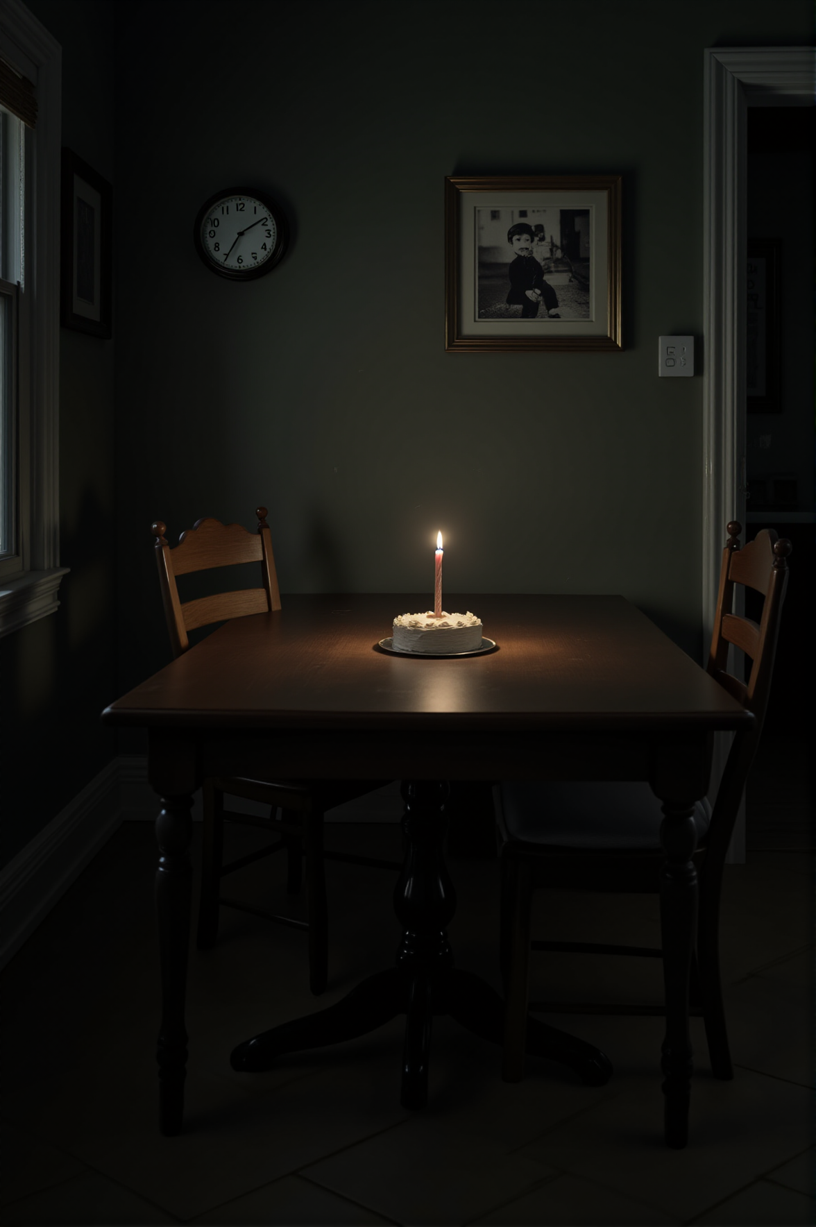 A dimly lit dining room, where a single candle flickers atop an untouched birthday cake. A chair remains slightly pulled back, waiting for someone who will never return. A clock on the wall shows the same time it did hours ago, as if time itself refuses to move forward. In the background, a faded photograph of a childâs laughter sits framed, a silent reminder of absence.
<lora:melancholic-solitude-flux:1>