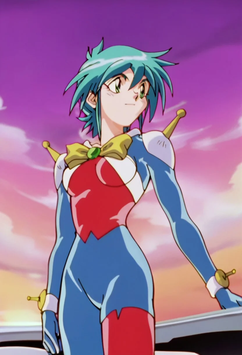 score_9, score_8_up, score_7_up, source_anime, 2gallenby, pilot suit, chest jewel, bow, wrist cuffs, shoulder armor, asymmetrical legwear, cowboy shot, anime screencap, retro artstyle, 1990s (style),