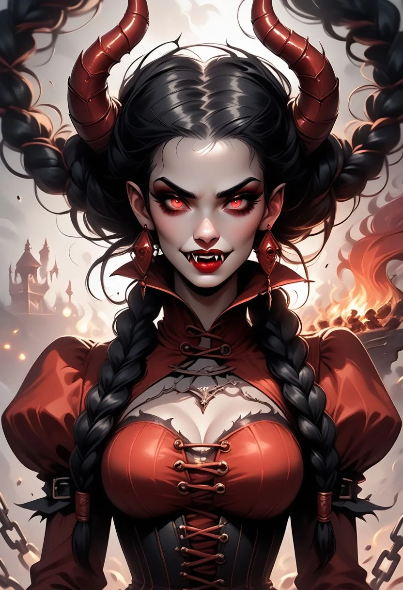 kaoselement style, f1r3elemental style, 1girl, red eyes, solo, breasts, horns, earrings, black hair, jewelry, looking at viewer, vampire, braid, fangs, pointy ears, upper body, makeup, puffy sleeves, long hair, medium breasts, red lips, juliet sleeves, cleavage, high collar, twin braids, fingernails, lipstick, long sleeves, corset, eyelashes, chain, chaos, panic, disorder, my job is done here, chaotic, chaos bean, fire, flames, smoke, embers, made of fire, on fire BREAK zPDXL2