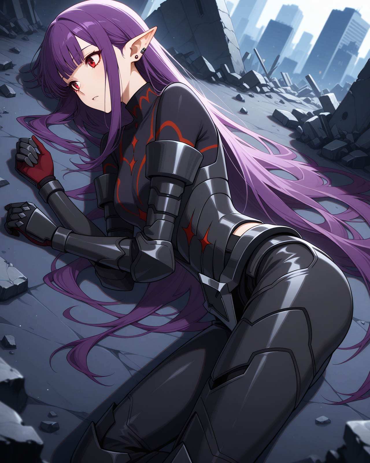 (black armor:1.50), 
sl-esil, red eyes, purple hair, blunt bangs, ear rings, ear piercings
medium breasts, 1girl, (solo:0.60), (skinny:0.8),
(masterpiece, highres, ultra-detailed,very aesthetic, best quality, absurdres, high quality, highres), 
in heat,
on side,
(:1.40), 
BREAK,
city rubble,
,
long hair sidelocks
<lora:sl-esil-V03-illXL-000003:0.80>