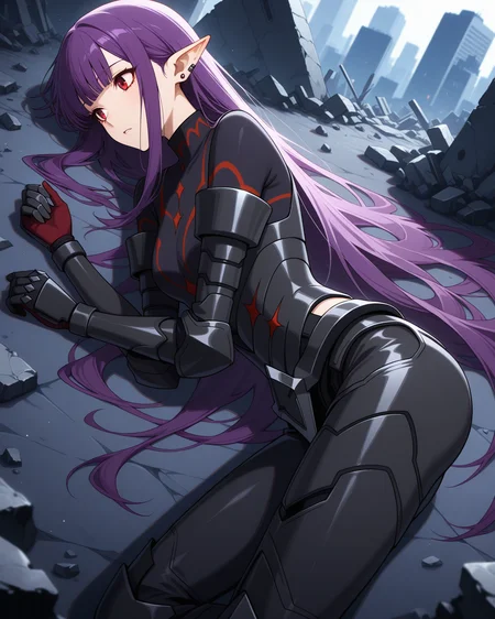 (black armor:1.50),
sl-esil, red eyes, purple hair, blunt bangs, ear rings, ear piercings
medium breasts, 1girl, (solo:0.60), (skinny:0.8),
(masterpiece, highres, ultra-detailed,very aesthetic, best quality, absurdres, high quality, highres),
in heat,
on side,
(:1.40),
BREAK,
city rubble,
,
long hair sidelocks
<lora:sl-esil-V03-illXL-000003:0.80>