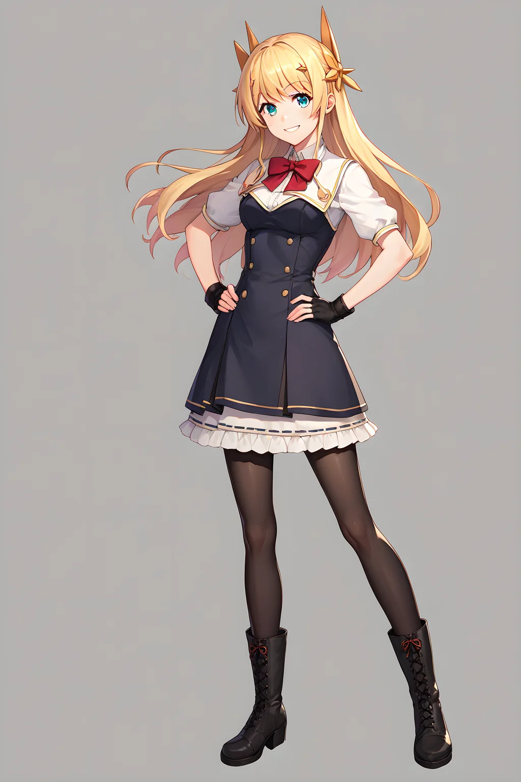 score_9, score_8_up, score_7_up, score_6_up, source_anime, tachibana_hinata, 1girl, blonde hair, solo, long hair, gloves, smile, blue eyes, fingerless gloves, boots, pantyhose, dress, black pantyhose, full body, hand on hip, red bow, black gloves <lora:Pony-XL-TachibanaHinata:1>