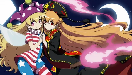 masterpiece,best quality,<lora:tgm-noob05:1>,anime coloring,
multiple girls, 2girls, hat, long hair, clownpiece, blonde hair, american flag dress, junko (touhou), wings, smile, jester cap, chinese clothes, fairy wings, holding hands, tabard, red eyes, dress, striped, interlocked fingers, looking at viewer, wide sleeves, american flag legwear, torch, very long hair, long sleeves, traditional media, pantyhose, star (symbol), short sleeves, black dress, sash, polka dot, crescent, moon, ribbon, neck ruff, shirt, fire, purple eyes, pink eyes, orange hair, tassel, marker (medium)
