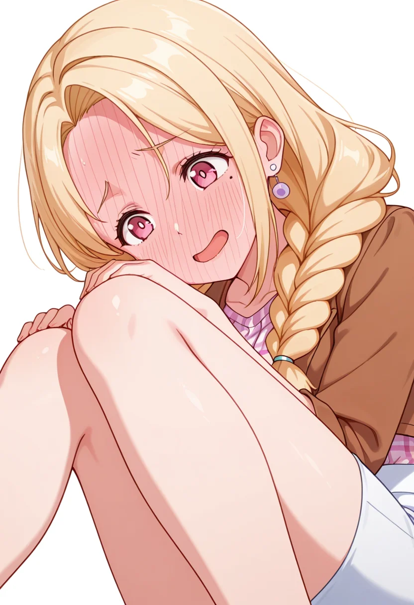 masterpiece,high quality details, absurdres,
<lora:Yuriko:0.8>
yuriko_cnr, 1girl, blonde hair, long hair, single braid, pink eyes, mole, mole under eye,earrings,mature female,, simple background, white background, sideways,solo,, scared,full-face blush,, ^o^,, legs bent mid-air,forehead resting on knees,one hand on the ground,, cropped jacket ,plaid shirt,pencil skirt, ,var-legwear,