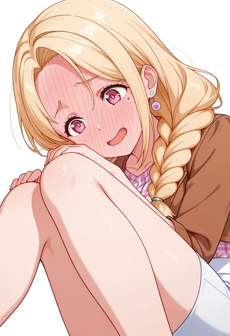 masterpiece,high quality details, absurdres,
<lora:Yuriko:0.8>
yuriko_cnr, 1girl, blonde hair, long hair, single braid, pink eyes, mole, mole under eye,earrings,mature female,, simple background, white background, sideways,solo,, scared,full-face blush,, ^o^,, legs bent mid-air,forehead resting on knees,one hand on the ground,, cropped jacket ,plaid shirt,pencil skirt, ,var-legwear,