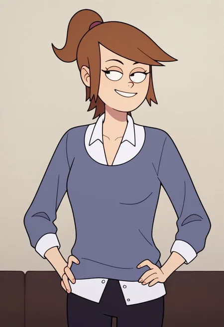 Score_9_up, score_8_up, score_7_up, solo, 1girl, emilyr, brown hair, ponytail, sweater, collared shirt, hands on hip, smiling, Expressiveh