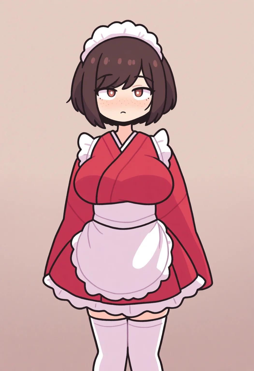 masterpiece, best quality, newest, absurdres, highres, frills, kimono, apron, white thighhighs, maid, maid headdress, waist apron, white apron, maid apron, frilled apron, (wa maid:1.5), red kimono, (tildewamaid:1.2),
tildevtuber, 1girl, breasts, short hair, bangs, large breasts, dark brown hair, brown eyes, bob cut, swept bangs, face freckles, upper body, blush, looking away, frilled kimono
<lora:TildeIllustriousCollab:1> <lora:MinimalistFlatColorXL_byKonan:1>