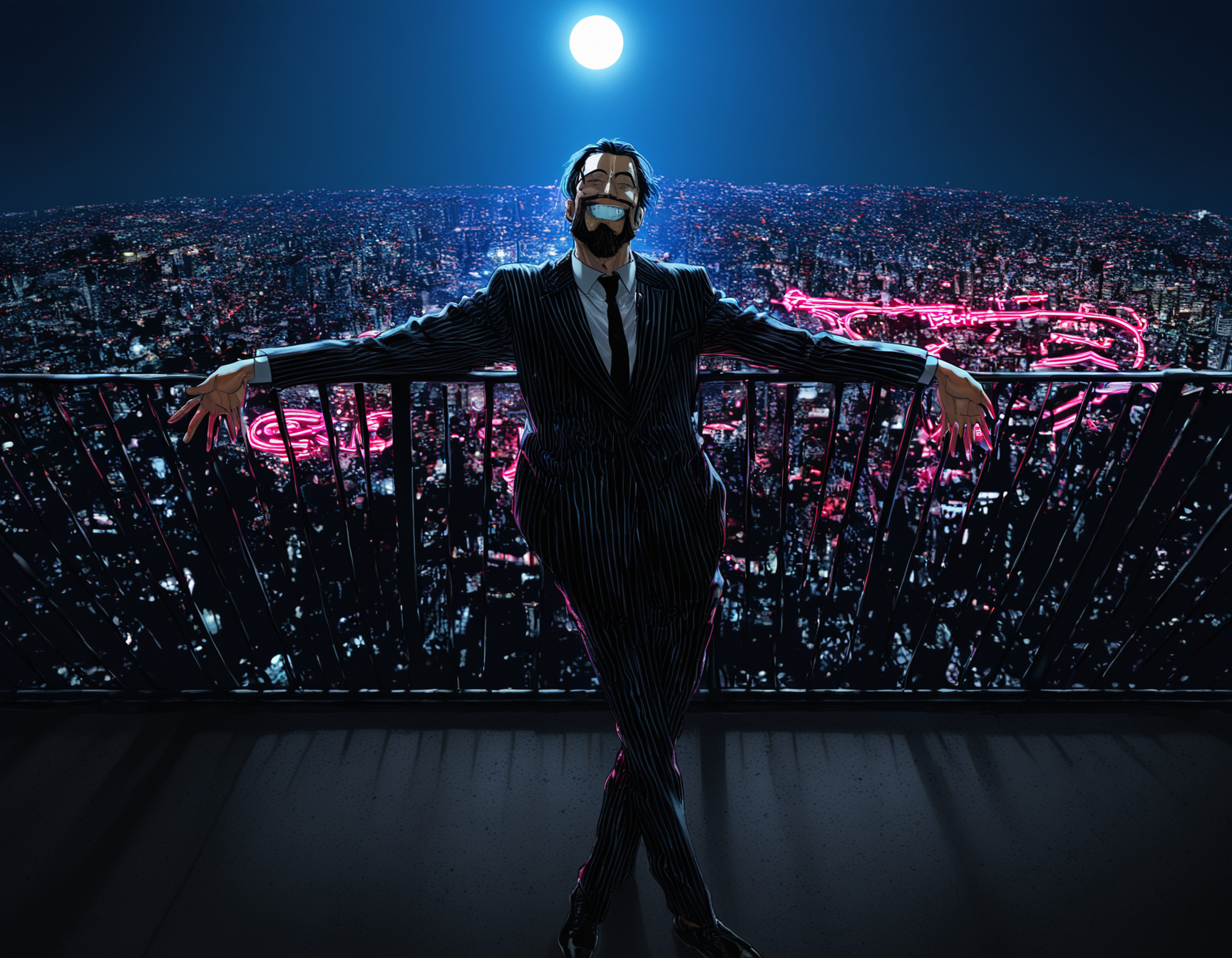 masterpiece, best quality, absurdres, kubo tite, (dark:1.7),  1boy, leaning back, on railing, spread arms, gigachad \(meme\), pinstripe suit, (beard:0.9), full body, black shoes, cityscape, solo, the chad smile, grin, facing viewer, necktie, backlighting, neon lights, rooftop, (moon:0.8), (crossed legs:0.75)