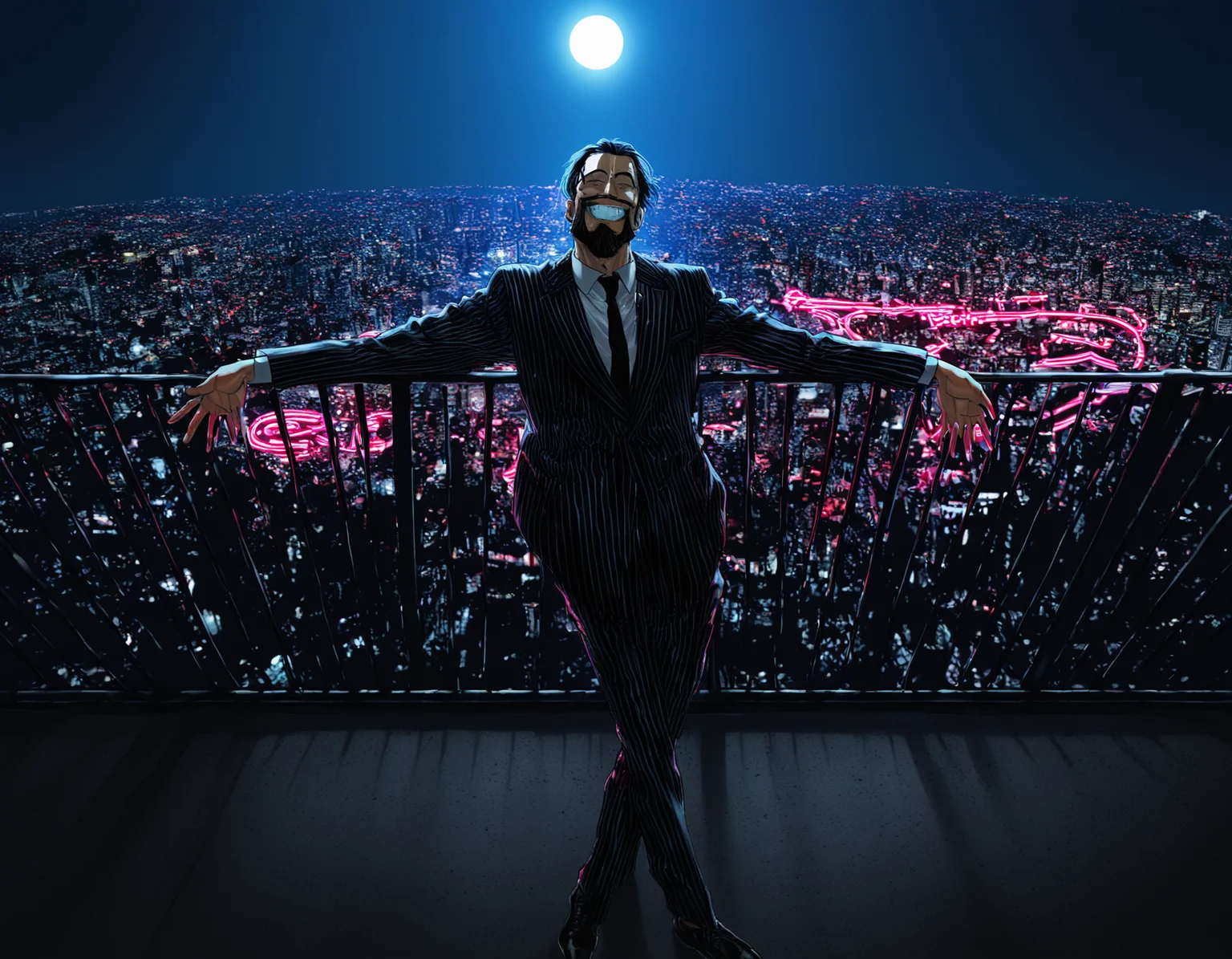 masterpiece, best quality, absurdres, kubo tite, (dark:1.7),  1boy, leaning back, on railing, spread arms, gigachad \(meme\), pinstripe suit, (beard:0.9), full body, black shoes, cityscape, solo, the chad smile, grin, facing viewer, necktie, backlighting, neon lights, rooftop, (moon:0.8), (crossed legs:0.75)