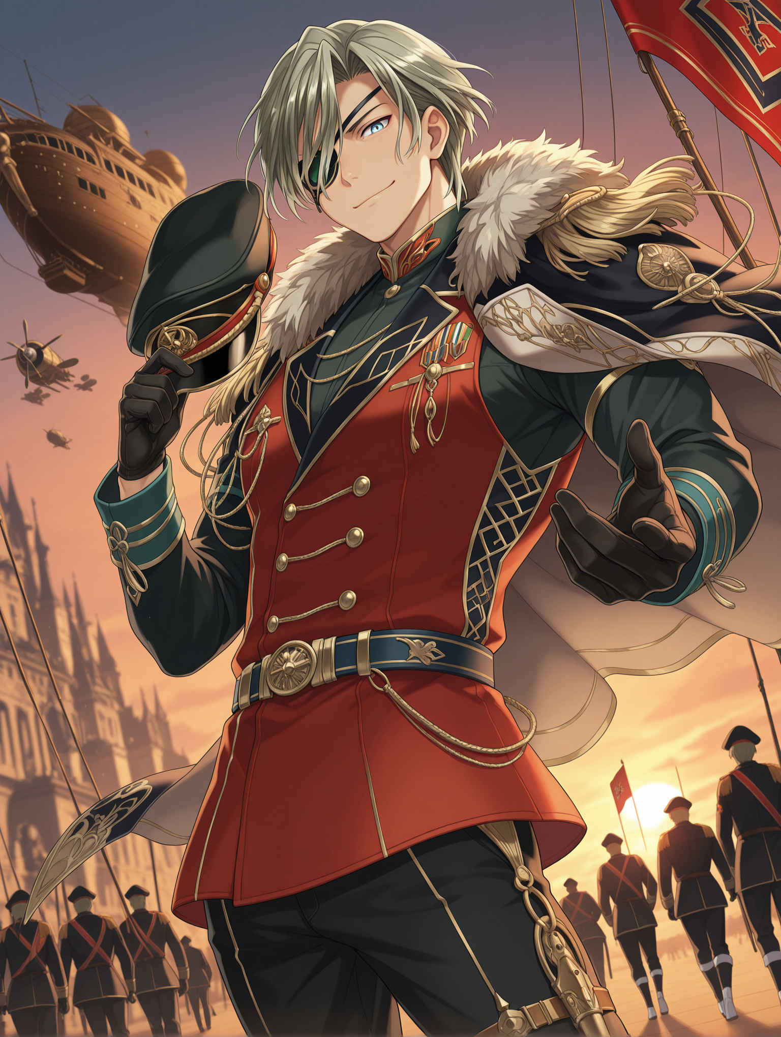 masterpiece,best quality,amazing quality,very aesthetic,absurdres,1boy,solo,dietrich berg,eyepatch,black military uniform,red vest,black peaked cap,epaulettes,fur trim,cape,belt,black pants,white footwear,black gloves,unworn headwear,cowboy shot,smile,closed mouth,looking at viewer,standing,holding,holding cap,outdoors,sunset,airship,aircraft,flag,people,military,blurry background,<lora:dietrich_ilxl:1>,