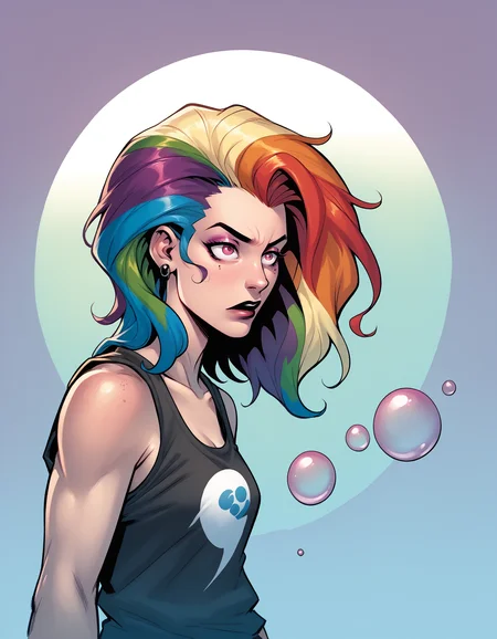 Ringo! Style, drunken beautiful woman as delirium from sandman, (hallucinating colorful soap bubbles), punk rock, tank top, rainbow colored hair, PnyCmicXLPOS, <lora:RingoStylePonyXL:1>