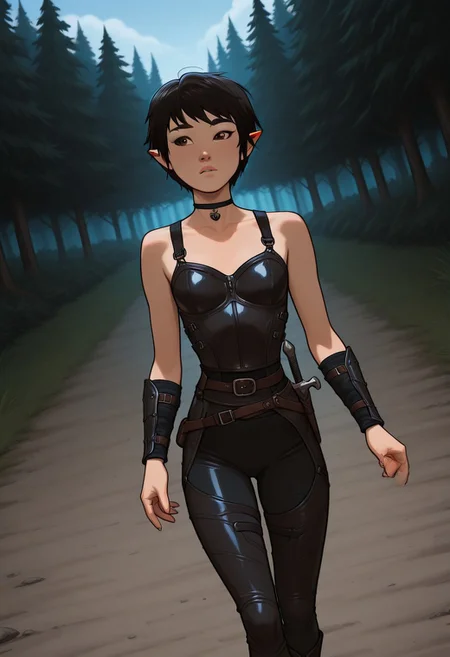 masterpiece,best quality,amazing quality,newest, absurdres, highres, detailed eyes, beautiful, perfect eyes, finely detailed face, very aesthetic, anime coloring, anime screencap, incoth, (incase:0.6), (depth of field)
1girl,
KimmyDKov, short hair, black hair, brown eyes, slim, small breasts,
black choker, leather armor, (pointy ears:1.2)
walking on the street, dynamic pose, dutch angle,
outdoor, medieval setting, forest,