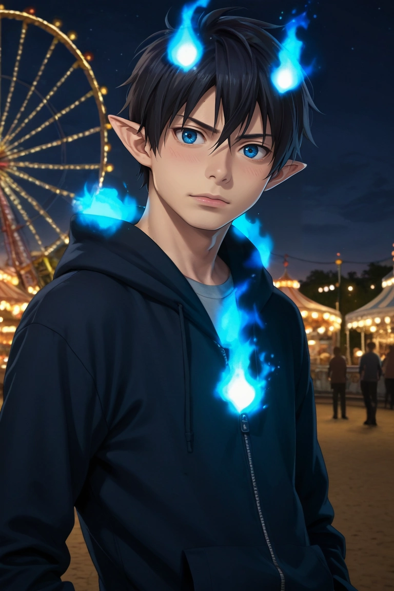score_9, score_8_up, score_7_up, source_anime, rating_safe, , (photorealistic:0.6), , depth of field, 1boy, solo, male focus, <lora:rin_okumura_pony:0.78>, rin_okumura, black hair, blue eyes, short hair, hair between eyes, pointy ears, tail, blue fire, straight-on, amusement park, carousel, ferris wheel, dark, leaning back, embarrassed, nose blush, , <lora:sdxl_lightning_8step_lora:1>