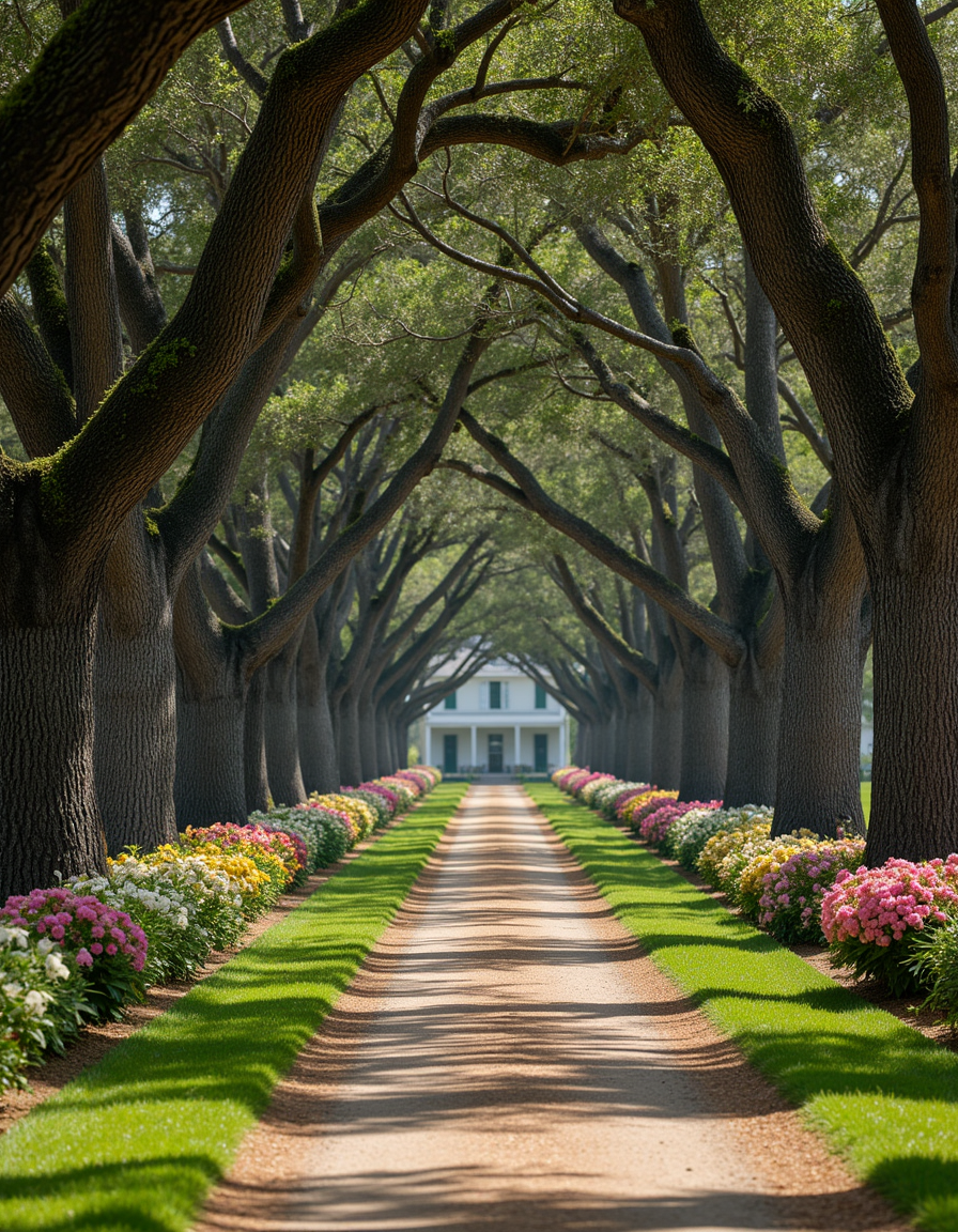 raw photo, view looking down a realistic detailed wagon trail leading to an old 2-story southern antebellum plantation, lined on both sides by high detailed realistic ancient live oak trees, oak trees creating an arched canopy shading the trail, (((realistic multi-colored flowering azaleas surround the base of each oak tree))), detailed realistic grass, ultra sharp focus, photorealistic, 8k, 4k, hd