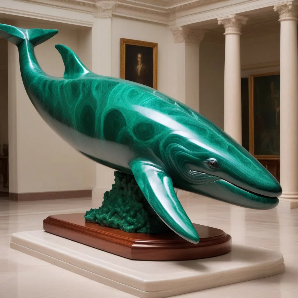 blue whale made out of malachite_style in a museum