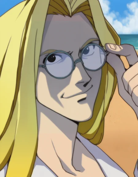 masterpiece, absurdres, best quality, refined digital art, 
Luke Valentine, anime screenshot, 1990s (style), 1boy, blonde hair, male focus, solo, glasses, long hair, smile, adjusting eyewear,  portrait, round eyewear, black eyes, upper body, 
beach, outdoors, sunshine, parody,
(chainsaw man, one punch man, tekken, street fighter, the king of fighters:0.2),
cinematic, anime screencap, character art, clear lines, soft colors, anime aesthetic, 1990s, 
artist: hungry clicker, artist: optionaltypo,
<lora:Hellsing classic Illustrious:0.75>