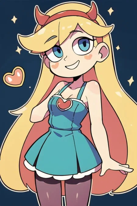 <lora:starButterflyLora_oldVers:0.6>
masterpiece, highquality, 1girl,red_fake_horn,hairband, aqua_dress, blonde_hair, blue_eyes, heart, long_hair, star_\(symbol\),pantyhose, ray tracing reflections, perfect faces, fine details, high textures, ultra hyper sharp, insanely detailed and intricate, super detailed, hdr ultra high quality, high detail, 4k