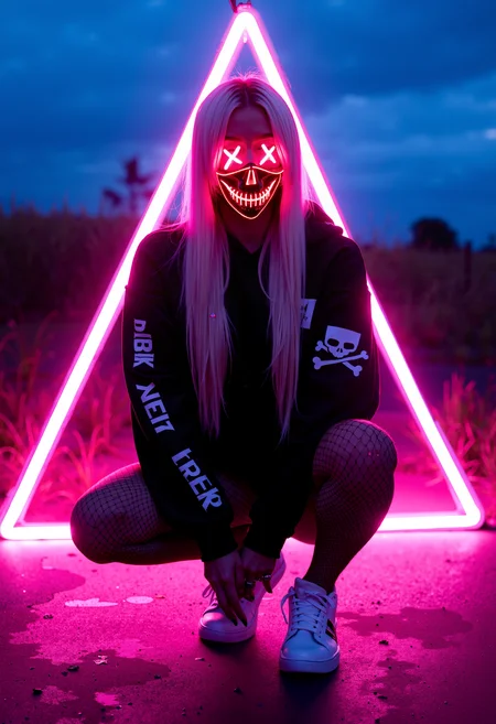 bo-neon, a high-resolution photograph featuring a young woman with long, straight, platinum blonde hair, she is dressed in a black hoodie with white stripes and a vr logo on the sleeves, paired with white sneakers, her outfit is completed with fishnet stockings that accentuate her legs, she has a slender physique and is squatting on a concrete surface, with her knees bent and her hands clasped together in front of her, she wears a red, neon-lit mask covering her face, resembling a mask with a skull and crossbones design, the mask's eyes are glowing red, adding a surreal, otherworldly quality to the scene, in the background, there is a blurred, out-of-focus image of a grassy field under a clear night sky, with a gradient of blue and purple hues, a large, glowing pink neon triangle is positioned in the foreground, suggesting a futuristic or cyberpunk aesthetic, the overall mood is dark and edgy, with the woman's outfit and mask creating a sense of mystery and rebellion, high quality, ultra detailed, colorful, abstract, abyss fantasy.<lora:Flux\boFLUX Neon Abyss.safetensors:1.0:1.0>