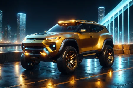 morph-aurora, a futuristic SUV with rugged design, elevated chassis, solo, stealth coating, matte finish, futuristic bridge, glowing supports, city below, detailed background, parked at a charging station, cables connected, lights pulsing, wide shot, a futuristic charger, glowing softly, on the ground, best quality, rich colors, photorealistic style, high detail, high-definition, hyper-realistic, extremely high-resolution details, fine texture, incredibly lifelike, realistic, not fantasy, not anime, not drawing, highres, 4K resolution, source photo, realistic photo, masterpiece, best quality, amazing quality, very aesthetic, ultra-detailed, detailed surfaces, natural metallic tones, soft lighting, futuristic gold, metallic sheen, soft light, close-up shot, <lora:add-detail-xl:1> <lora:aurora_0_100_V1-000009:0.65>
