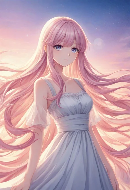 in the style of (suisaifu), Anime-style portrait of a 25-year-old woman with soft, delicate features, long flowing hair gently tousled by the breeze, wearing a light lilac sun dress that sways softly. She sits in a serene, pastel-colored meadow under a glowing sky at golden hour, surrounded by softly blurred wildflowers. The lighting is dreamy and warm, with soft focus and subtle lens flare. Her eyes are gentle and reflective, capturing a quiet moment of peace. The entire scene has a hazy, watercolor-like texture, with a light bokeh effect in the background, soft, style of suisaifu