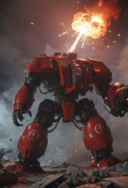 cyberpunk, Hyperdetailed, Omnipresent, Beautiful, , otherworldly,score_9, score_8_up, score_7_up, depth of field, detailed, solo, high resolution, 8k,a four meter tall red drdnght machine with rocket launcher and flamethrower walks across an ruined space station searching for enemies, rockets streak across space and explode in blooming fireballs, Battlefield landscape background,volumetric cinematic lighting,highly detailed armor,, (masterpiece), (realistic), 8k, RAW photo, octane render, volumetrics, (film grain, bokeh), Battle background, weapons, fire, explosions,Dynamic Angles: Use dramatic camera angles, like low-angle shots looking up at your protagonist or high-angle shots looking down on them, to create a sense of scale and power. Wide Shots: Employ wide shots to show the full scope of an attack and the surrounding environment, emphasizing its impact. Motion Blur: Apply a motion blur effect to capture the speed and force of an attack, making a scene feel more dynamic and energetic.