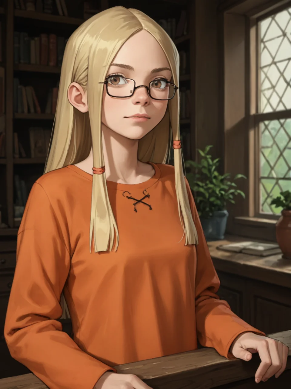 score_9, score_8_up, score_7_up, score_6_up, BREAK, Gr3taBarrym0re, 1girl, solo, long hair, blonde hair, orange shirt, long sleeves, semi-rimless eyewear, <lora:Greta Barrymore-000009:1>