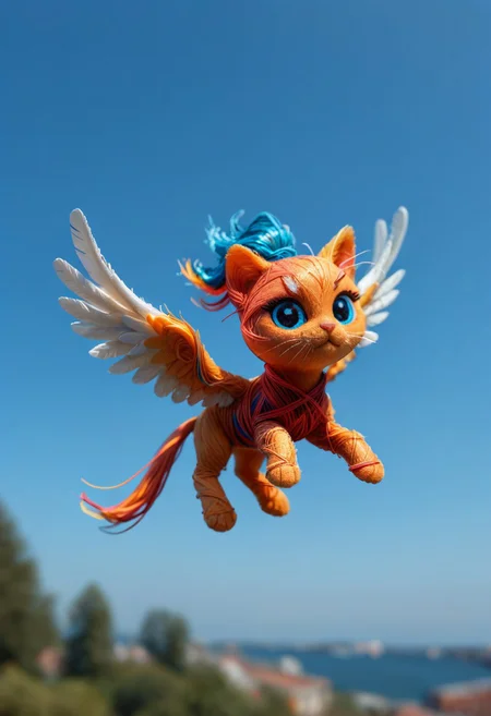 score_9, score_8_up, score_7_up, score_6_up, score_5_up, score_4_up, masterpiece, very aesthetic, absurdres, Tilt shift photography style, photo, a chibi white pegasus cat, floating in air, blue sky, blurry background, neon, wires, made of wires, cables, outlined with wires and neon, neon outlines, wire sculpture, neon wire sculpture,