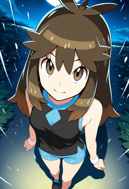 2d, masterpiece, best quality, amazing quality, 1girl, solo, close-up, standing, smile, upper body, from above, dutch angle, looking at viewer, night, moonlight, sky, lgpegreen, green \(pokemon\), brown eyes, eyelashes, long hair, bangs, brown hair, sidelocks, black shirt, sleeveless shirt, blue shorts, short shorts, shoes, black footwear, bare legs