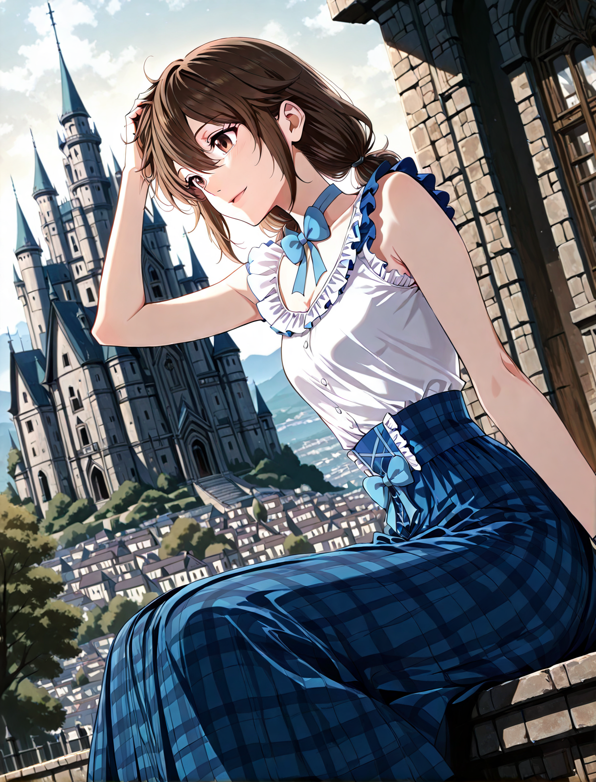 <lora:Eleanor_Leywin__The_Beginning_After_the_End__Illustrious:1>
1 girl, solo, brown hair, brown eyes, bangs, small breasts
dress, blue skirt, plaid skirt, long skirt, white shirt, bracelete, blue bowtie, jewelry, frills, twintails, low twintails, hair between eyes, shirt sleeveless, medium hair
score_9, score_8_up, score_7_up, very aesthetic, source_anime, detailed, high quality, beautiful, masterpiece, detailed eyes, castle, village, blurry background, cityscape, pose dynamic angle, light smile, open mouth, hand on hair, sitting, <lora:iLLMythG0thicL1nes:1>