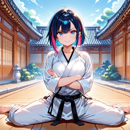 masterpiece,best quality,amazing quality,splitpose, crossed arms,1girl, solo, barefoot,multicolored hair, blue eyes, smile, looking at viewer,dougi, black belt, belt, east asian architecture,