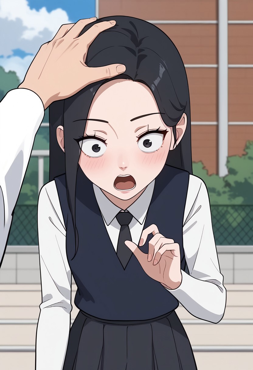score_9, score_8_up, score_7_up, source_anime , deep skin,, high quality, highres, , 1girl, solo, SeraKiaeker, black hair, solo, black eyes, white shirt, long sleeves, dark blue vest, black skirt, school uniform, collared shirt, dark brown kneehighs, black necktie, outside, shocked, pov hand, headpat