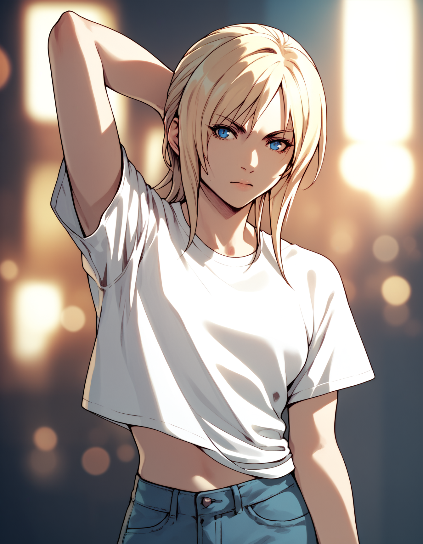 score_9, score_8_up, score_7_up, score_6_up, score_5_up, score_4_up
<lora:aya-brea-ponyxl-000020:1> aya brea, blue eyes, blonde hair, white shirt, t-shirt, midriff, jeans,
arm up, arm behind head, bokeh