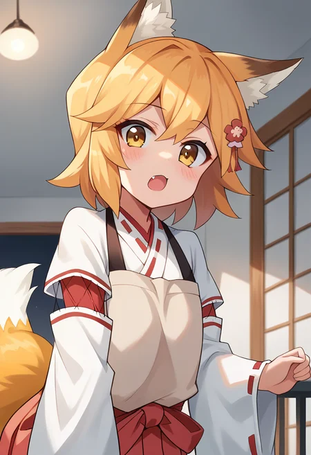 score_9, score_8_up, score_7_up, masterpiece, source_anime, 1girl, ct_s3nko, short hair, blonde hair, yellow eyes, fox ears, fox tail, hair flower, kimono, ribbon trim, brown apron, wide sleeves, detached sleeves, red hakama, looking at viewer, indoors, open mouth, blush, from below, leaning forward,<lora:Senku_Pony_ct:0.9>,
