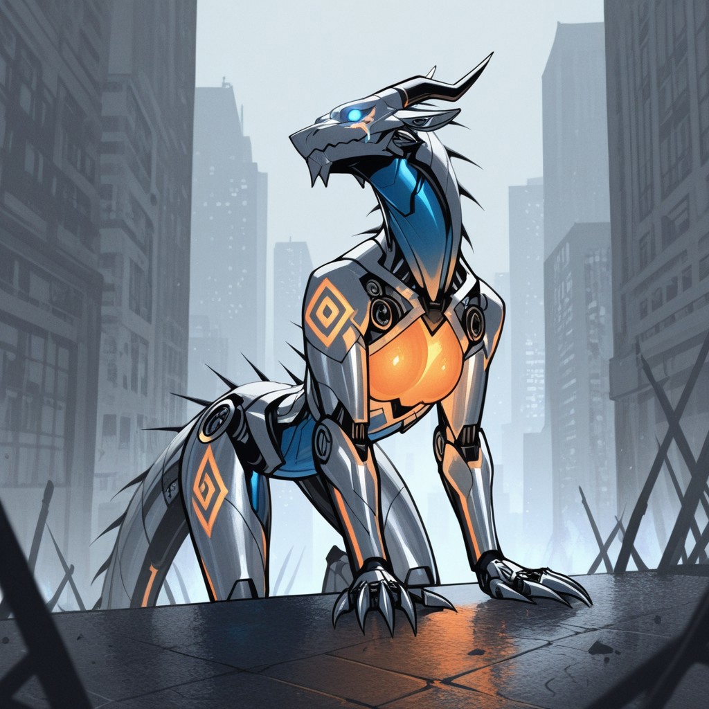 (dragon), highly detailed, robot, horns, metallic skin,  
white bio - mechanical details, bionic cyborg implants, solo, detailed background, solo, glowing eyes, city,(glowing orange blue tribal markings), claws, dragon, patientzassorteddoujinstyleblendil