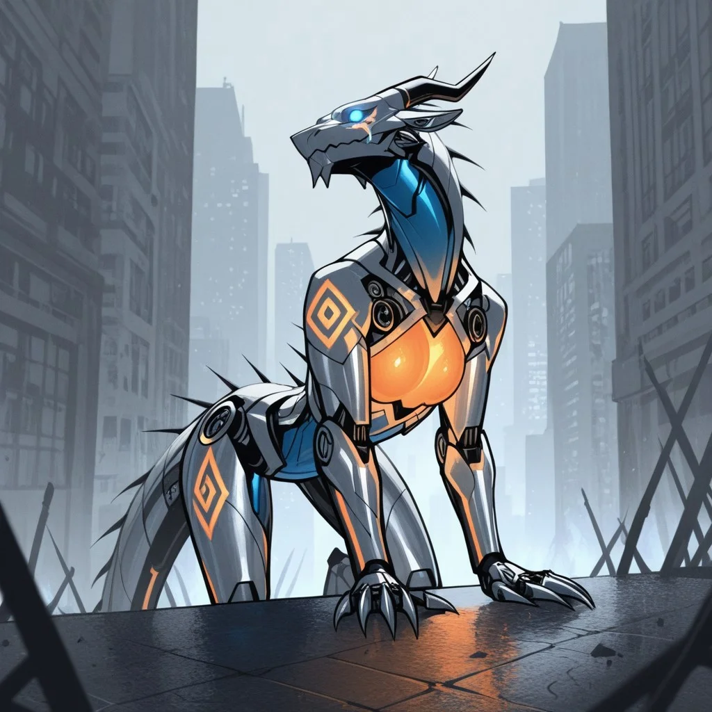 (dragon), highly detailed, robot, horns, metallic skin,
white bio - mechanical details, bionic cyborg implants, solo, detailed background, solo, glowing eyes, city,(glowing orange blue tribal markings), claws, dragon, patientzassorteddoujinstyleblendil