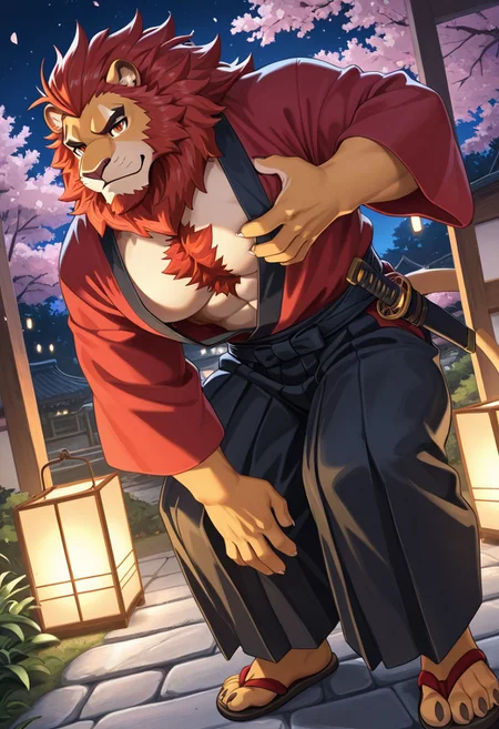 furry male, solo, MaximusKC, lion boy, red hair, furry male, muscular male, bright cyan eyes, red chest hair tuft, 5 fingers, dynamic pose, j0gg0rm0l0n1ll, nu119h05t2, masterpiece, best detail, closed up view, warm lights, Japanese garden background, lantern lights, night, sakura blossoms, hand on katana sheath, red kimono with blazing patterns, black hakama with jade ornament, sandals, eye focus, dark_eye_focus, perfect eyes, spiky hair, maroon chin beard, standing, slick back hair, one hand exposing chest,
