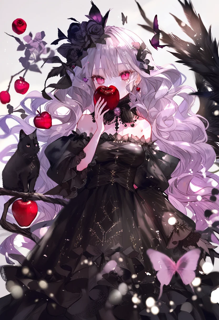 score_9, score_8_up, score_7_up, score_6_up, <lora:oninekoXL_TPN55_lokr_V43P1:0.95> 1girl, food, apple, fruit, dress, solo, long hair, holding fruit, wings, flower, holding food, black dress, holding, rose, cat, butterfly, looking at viewer, bug, black cat, feathered wings, bare shoulders, red eyes, black wings, jewelry, hair flowerta fashion, detached sleeves, hair ornament, long sleeves, animal, black flower, detached collar, breasts, red apple, very long hair, black rose, wavy hair, off shoulder, white flower, purple rose, purple flower, grey hair, covered mouth, pink eyes, earrings, off-shoulder dress, cross, hand up, strapless, puffy sleeves, medium breasts