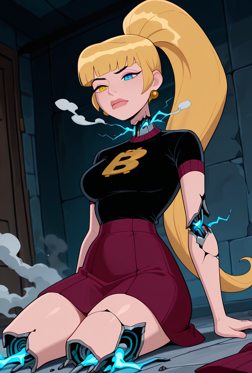 <lora:mazuma-10:1> mazuma, blonde hair, ponytail, long hair, 1girl, earrings, black shirt, short sleeves, heterochromia, lips, maroon skirt,   <lora:damagedrobot_v27-noobxl_eps-08:1> missing arms, missing legs, missing head, broken arms, broken legs, damaged head, damaged chest, cracked belly, cracked neck, electricity, sparks, smoke, etc..., masterpiece, best quality, amazing quality, very aesthetic, absurdres, newest,