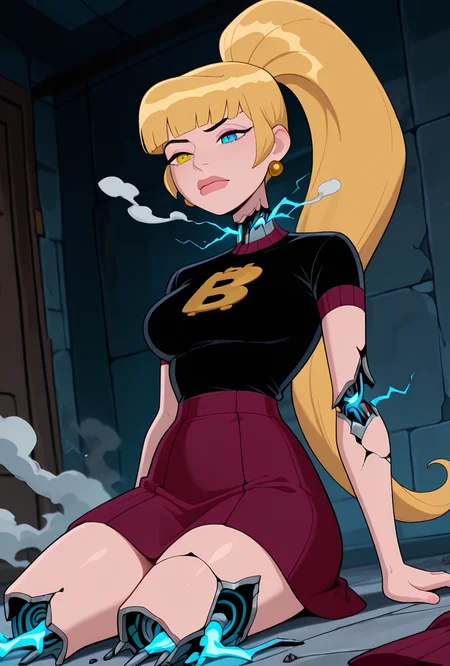 <lora:mazuma-10:1> mazuma, blonde hair, ponytail, long hair, 1girl, earrings, black shirt, short sleeves, heterochromia, lips, maroon skirt,   <lora:damagedrobot_v27-noobxl_eps-08:1> missing arms, missing legs, missing head, broken arms, broken legs, damaged head, damaged chest, cracked belly, cracked neck, electricity, sparks, smoke, etc..., masterpiece, best quality, amazing quality, very aesthetic, absurdres, newest,