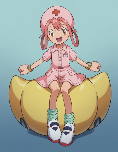 zPDXL, score_9, score_8_up, score_7_up, source_anime,
<lora:Digimon_v2-15:1> digimon, Pokemon, Nurse Joy, pink hair, hair rings,, happy, legs_up, gangster from the year 1920, wearing a gray wide-lapelled suit, felt hat, spectator shoes, pocket watch,