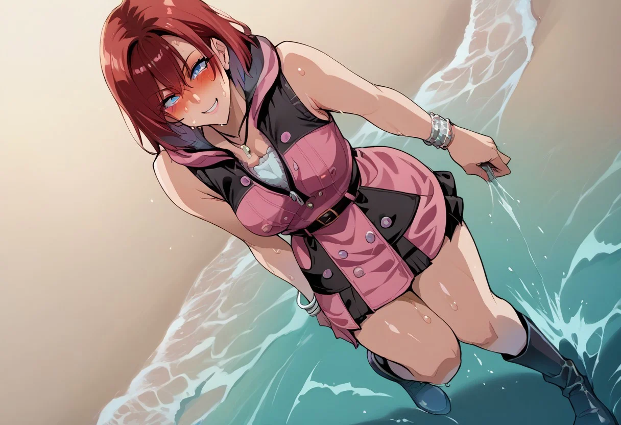 score_9, score_8, score_7_up, source_anime, anime screencap, source_hentai, uncensored, foreshortening, super wide shot, extreme perspective, dynamic view, dynamic angle, portrait, full body view,
BREAK
adult female, mature female, 1girl, 18 years old, red hair, dress, sleeveless, hood, sleeveless dress, bracelet, necklace, pink dress, buttons, hood down, boots, belt, zipper, belt buckle, pleated dress, , seducing viewer, sexy pose, seductive pose, sexually suggestive, undersized clothes, strap slip, clothes falling off, sweat, sweating, very sweaty, covered in water droplets, sweat drip, sweat drop, drenched, wet skin, wet hair, wet body, steaming body, visible air, full-face blush, seductive smile, curvy hips, curvy thighs, hip dips, small breasts, wet clothes, nipples, see-through clothes, wet clothes, wet skin, wet face, 
BREAK
beach, water, ocean, sun, reflection, lush tropical vegetation,