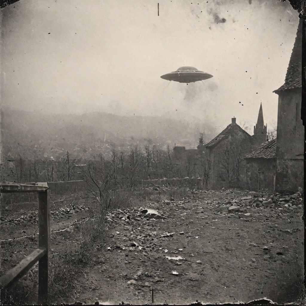 B&W 35mm vintage photo of a UFO in a WW2 picture, destroyed city backdrop