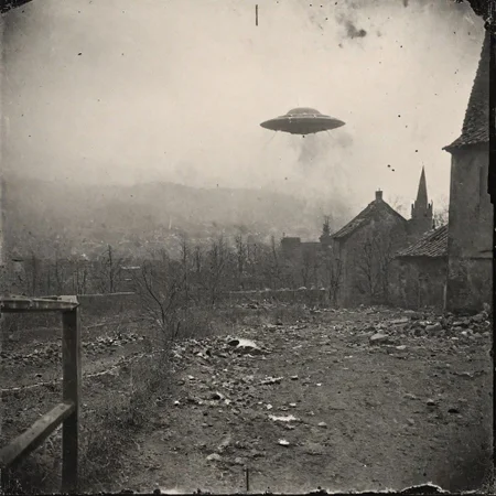 B&W 35mm vintage photo of a UFO in a WW2 picture, destroyed city backdrop