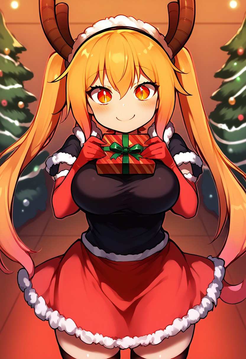 score_9, score_8_up, score_7_up, score_6_up, source_anime, 1girl, solo, mdrgtru, blonde hair, twintails, orange hair, gradient hair, orange eyes, slit pupils, horns, black shirt, red capelet, white trim, fur trim, red skirt, frilled skirt, christmas outfit, red gloves, elbow gloves, black tighhighs, large breasts, indoors, christmas background, looking at you, happy, blush, smile, closed mouth, c4toony style, <lora:incoming-gift-ponyxl-lora-nochekaiser:1>, incoming gift, outstretched arms, holding, holding gift, gift, gift box,